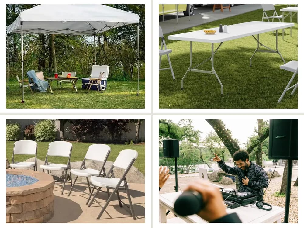 Backyard Party Kit: 10 × 10 Party Tent, 6 ft Folding Table, Folding Chairs, Set of 10, Battery PA Speaker + Wireless Mic