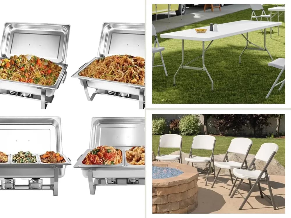 Catering & Buffet Kit: Chafing Dish Set + Serving Kit, 6 ft Folding Table, Folding Chairs, Set of 10