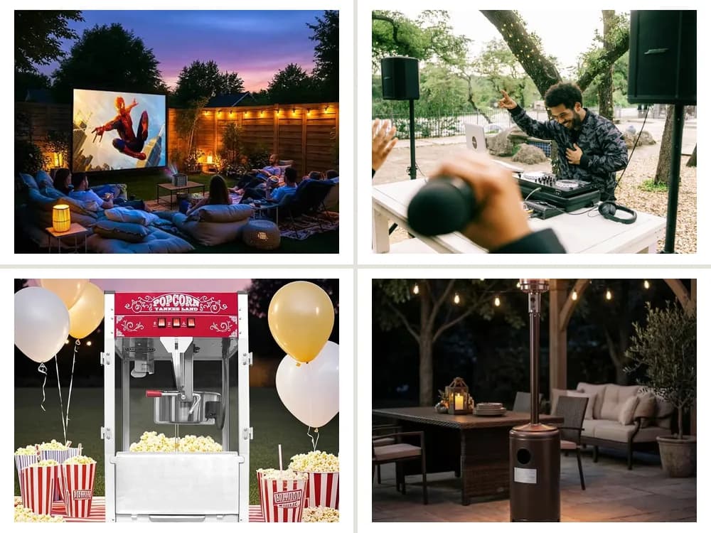 Outdoor Movie Night Kit: Projector + 100 in Screen, Battery PA Speaker + Wireless Mic, Tabletop Popcorn Machine, Propane Patio Heater