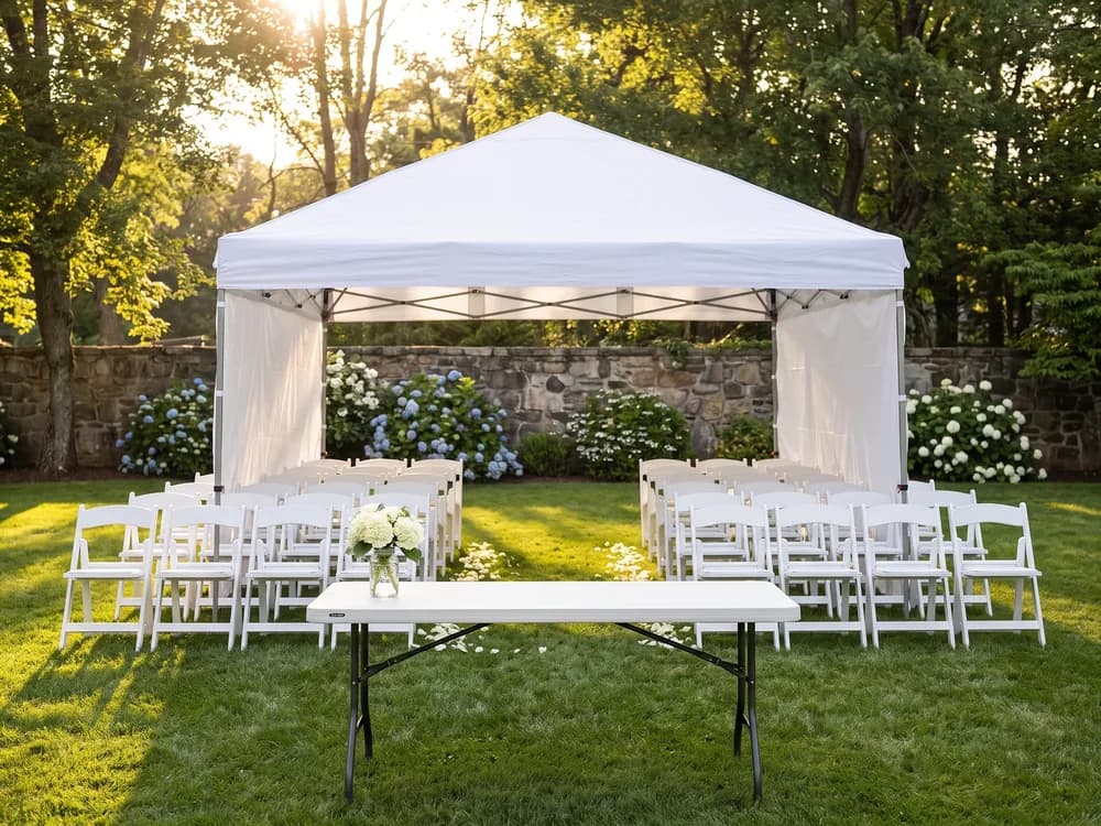 White resin chairs in rows with a centre aisle under a 10 × 20 canopy in a garden at golden hour