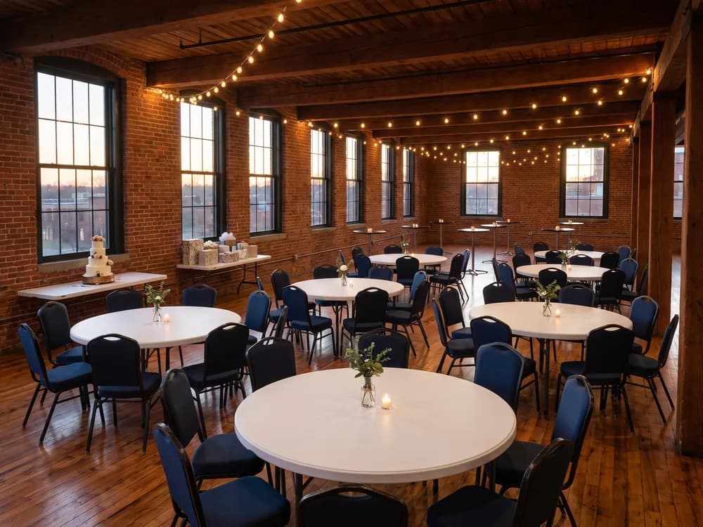 Round tables with navy banquet chairs and wood cocktail tables set for a reception in a brick-and-timber loft