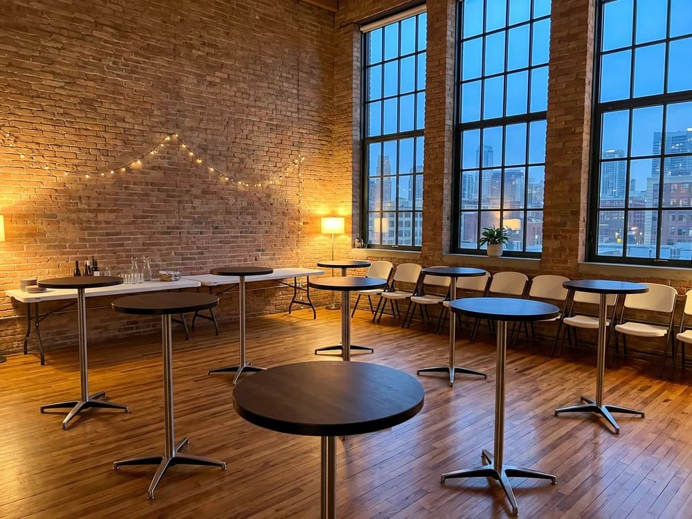 Wood cocktail tables spread across a bright loft for a standing reception, food on two 6 ft tables along the wall