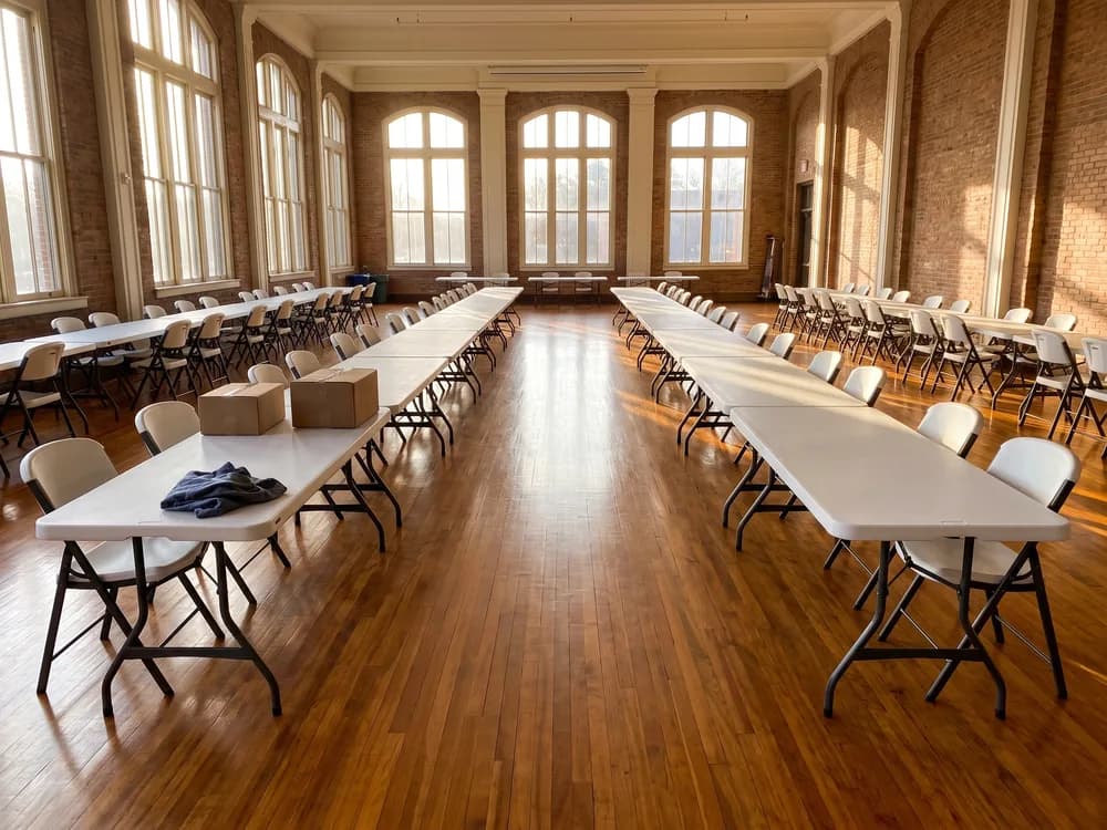8 ft tables in two aisles with two white folding chairs behind each in a bright hall, waiting for the vendors
