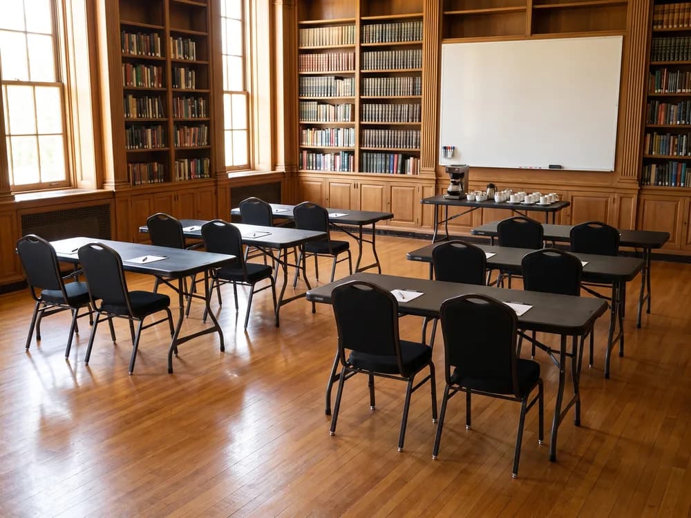 6 ft tables classroom style with black banquet chairs in a library meeting room, an 8 ft table at the front under the whiteboard