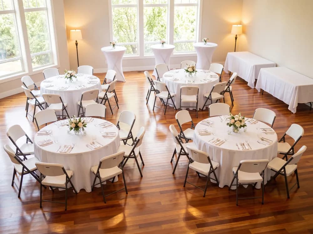 Baby & Bridal Shower: 5 ft Round Folding Table, Folding Chairs, Set of 10, Cocktail Table, 6 ft Folding Table