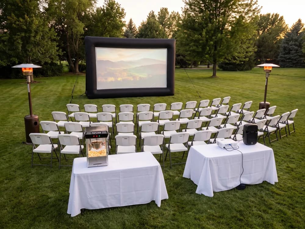 Backyard Movie Night: 16 ft Inflatable Movie Screen, Bright 1080p Projector, Battery PA Speaker + 3 Wireless Mics, Folding Chairs, Set of 10, 6 ft Folding Table
