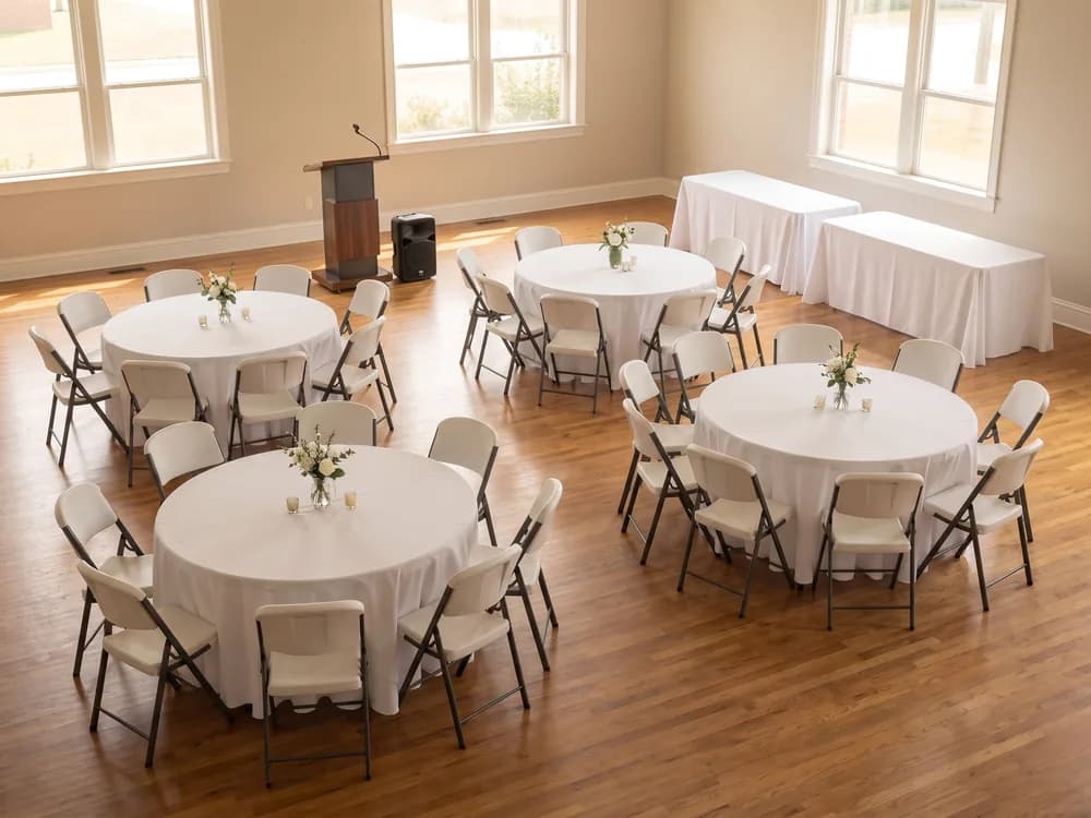 Celebration of Life: 5 ft Round Folding Table, Folding Chairs, Set of 10, 6 ft Folding Table, Podium, Battery PA Speaker + 3 Wireless Mics