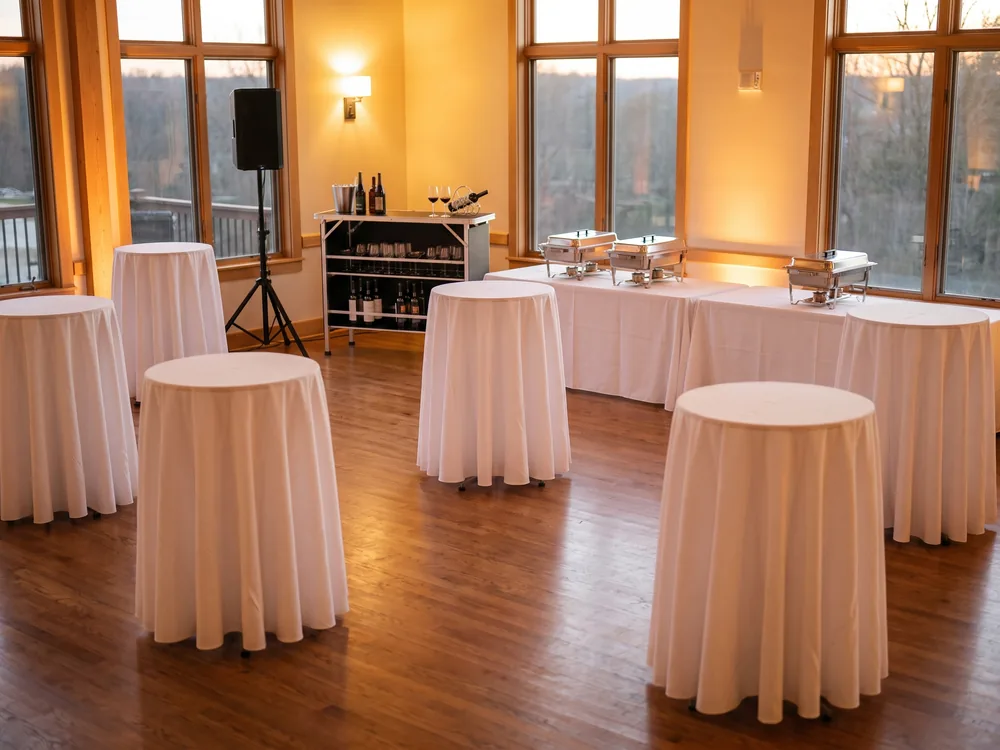 Cocktail Reception: Portable Bar, Cocktail Table, 6 ft Folding Table, Chafing Dish Set + Serving Kit, Battery PA Speaker + 3 Wireless Mics