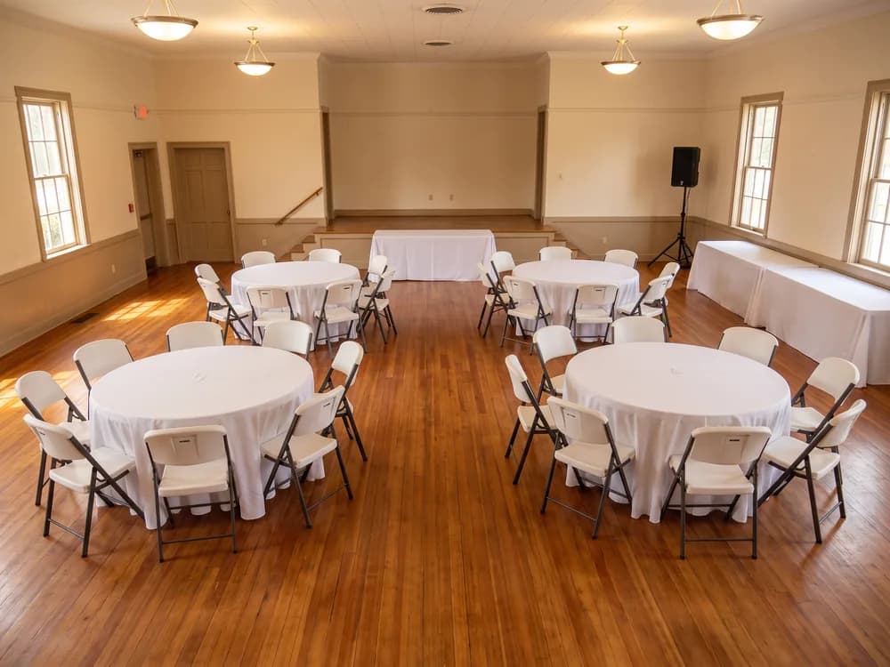 Complete Indoor Party: 5 ft Round Folding Table, Folding Chairs, Set of 10, 6 ft Folding Table, Battery PA Speaker + 3 Wireless Mics