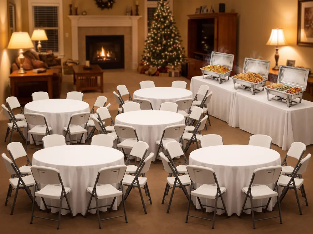 Holiday Family Dinner: 5 ft Round Folding Table, Folding Chairs, Set of 10, 6 ft Folding Table, Chafing Dish Set + Serving Kit