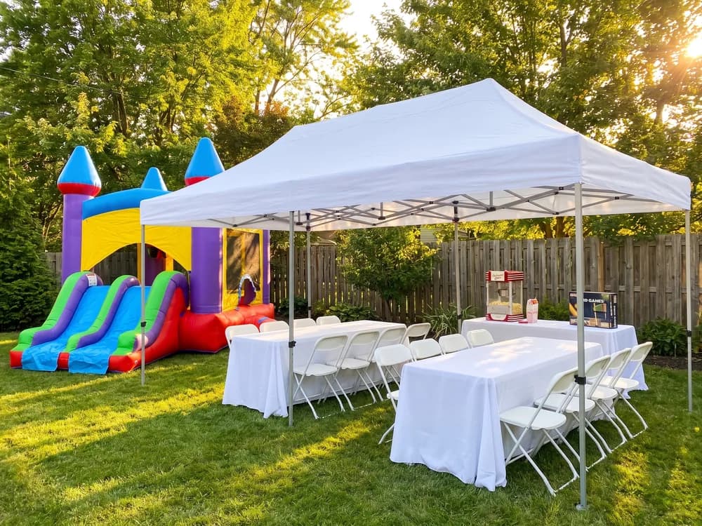 Kids' Backyard Birthday: 10 × 20 Party Tent, 6 ft Folding Table, Folding Chairs, Set of 10