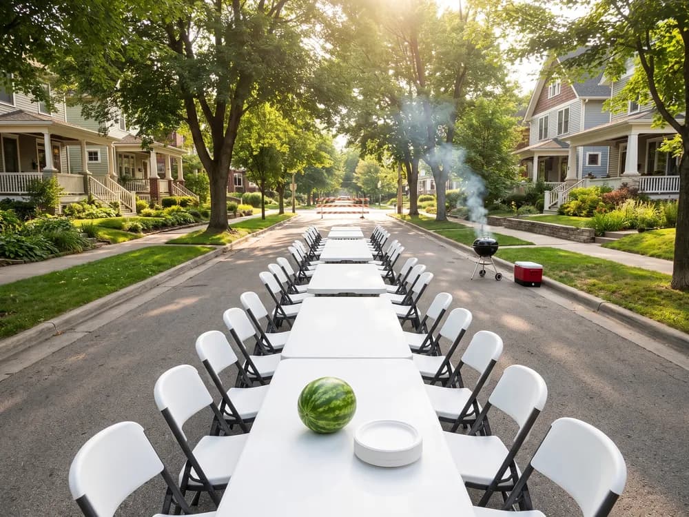 Long tables end to end down the middle of a closed tree-lined street, chairs along both sides