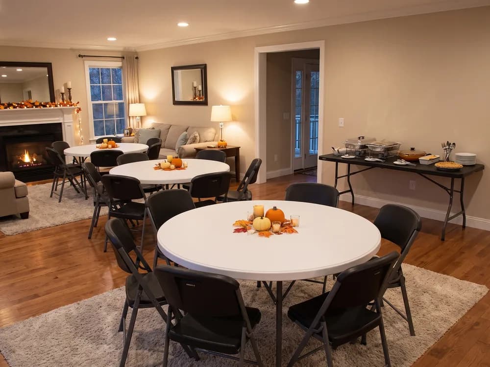 Round tables and black folding chairs running from the living room into the dining room, the buffet on a 6 ft table